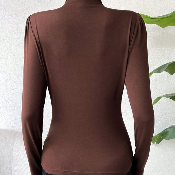 Brown Casual Womens Solid Ruched Mock Neck Tee - Picture 3 of 6